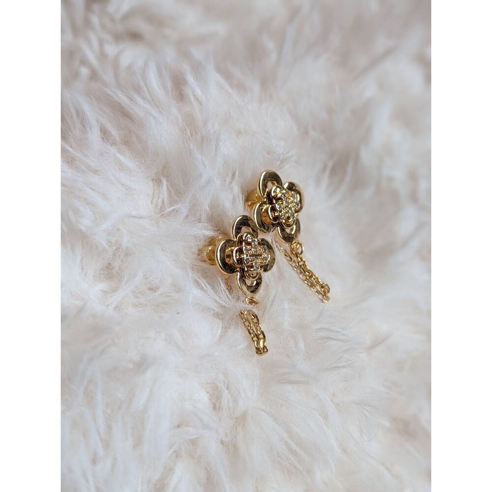 TORY BURCH Gold Clover Front Back Chain Linked Stud Earrings Pave Logo - Picture 3 of 4